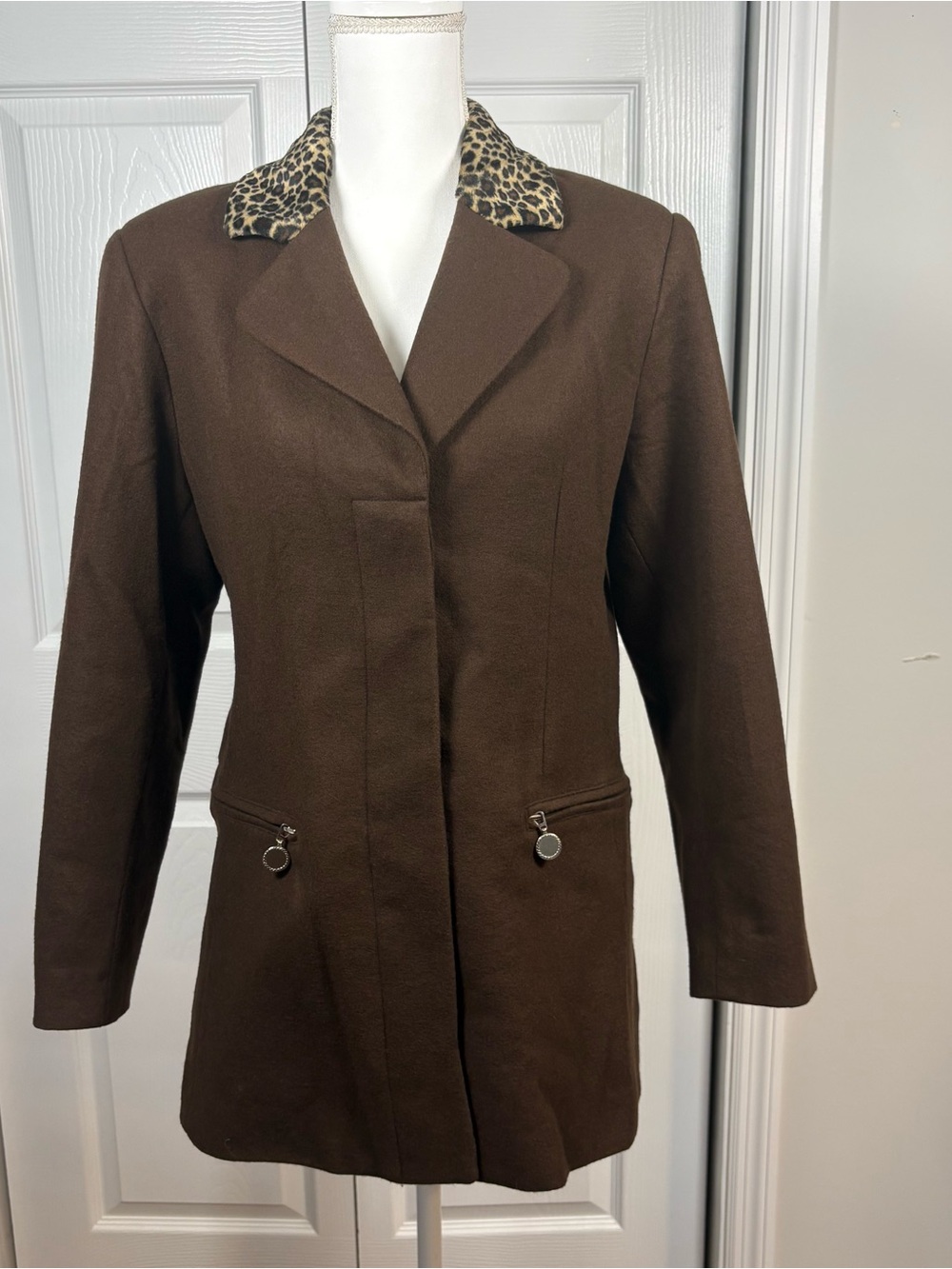 Vintage 90s Y2K Wool Coat 7/8 Leopard Collar Mob Wife Brown Car Coat